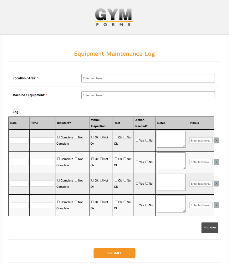 Gym Equipment Maintenance Form Online Gym Forms