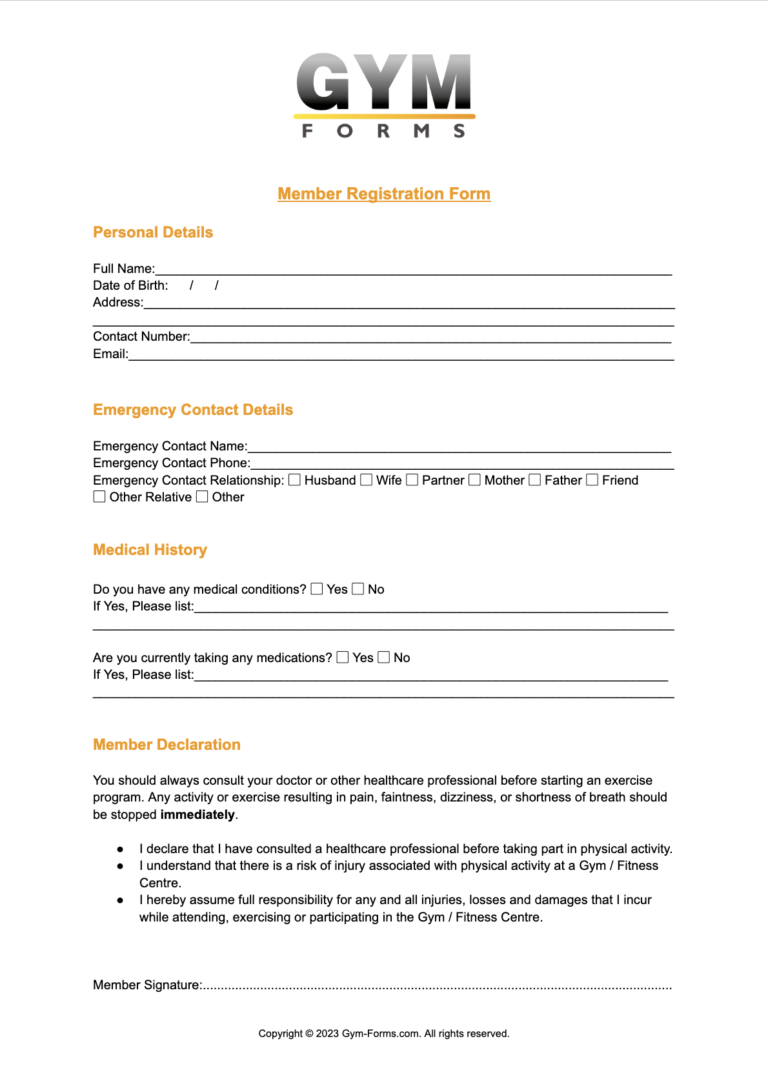 Free Gym Member Registration Form PDF Printable Download